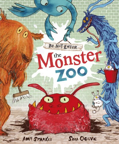 Colorful illustration of whimsical monsters near a brick wall.