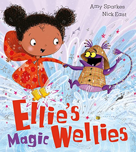 Girl in red coat and yellow wellies dances with a purple monster.