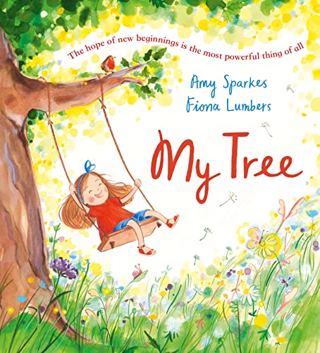 Girl swinging on a tree branch amidst flowers, book cover illustration.