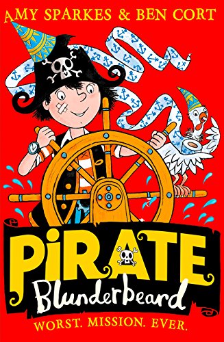 Book cover: pirate boy with a ship’s wheel and a white chicken.