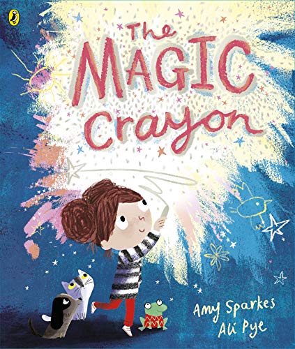 A girl draws with a crayon, surrounded by a dog, cat, and frog.
