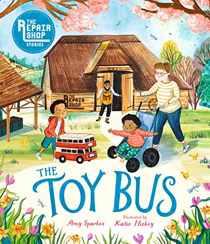Children with a red toy bus outside The Repair Shop building.