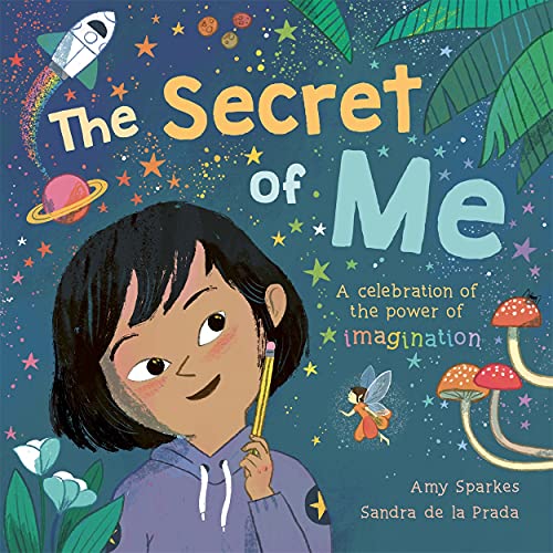 Book cover with a girl holding a pencil, surrounded by stars and planets.