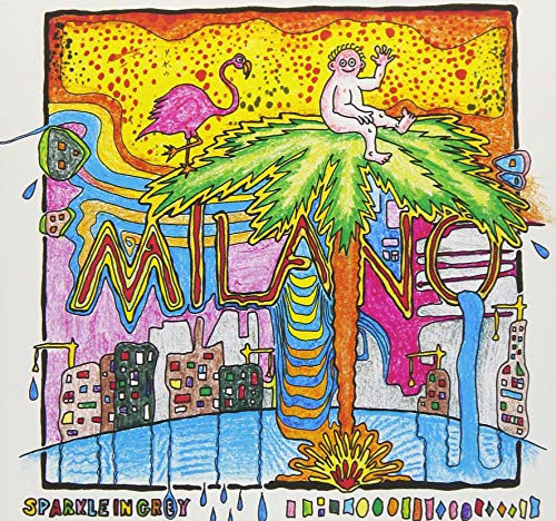 CD cover: colorful, surreal illustration of a flamingo, tree, and city.