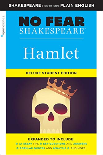 Cover of “Hamlet: No Fear Shakespeare” with skull and crown imagery.