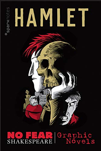 “Hamlet” graphic novel cover with skull, dramatic figures, and red text.