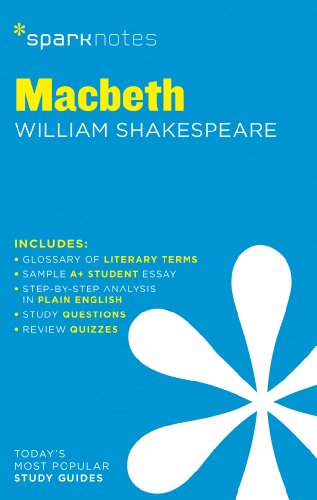 Blue cover of SparkNotes Macbeth guide by William Shakespeare with a white floral graphic.