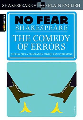 Book cover: "No Fear Shakespeare: The Comedy of Errors" with shoes and banana peels.