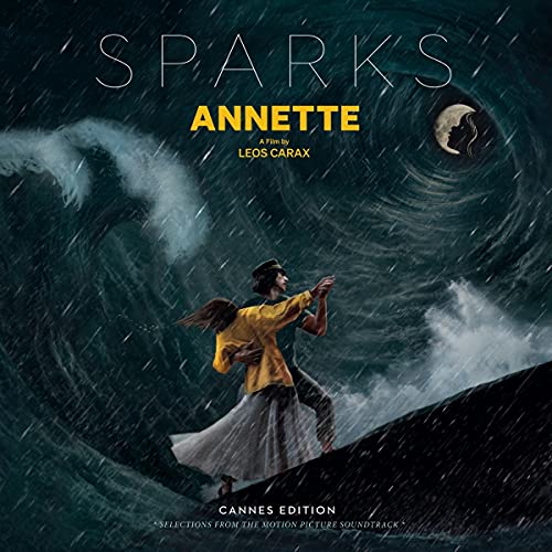 “Annette” soundtrack album cover: couple dancing amidst stormy, swirling dark blue waves.