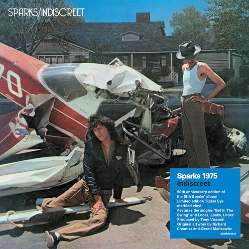 Sparks’ “Indiscreet” album cover: crashed plane, two men posing dramatically.