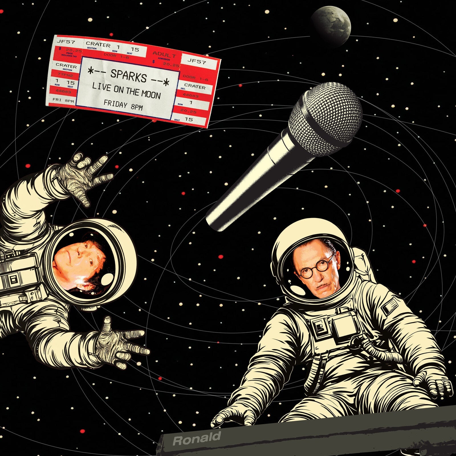 Sparks album cover: astronauts, microphone, and starry black space background.