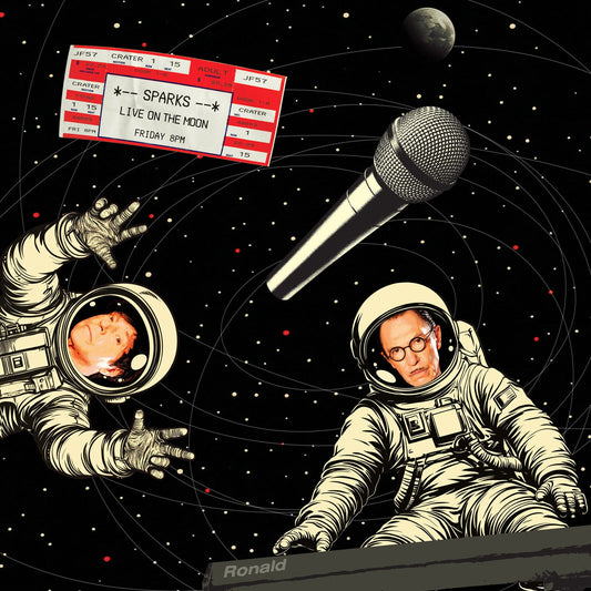 Sparks "Live on the Moon" album cover with astronauts and a microphone.