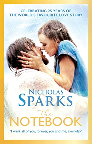 A couple embraces in the rain on the cover of The Notebook by Nicholas Sparks.