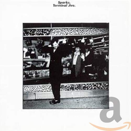 Black and white album cover featuring two men standing in a store aisle.