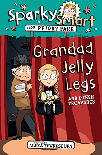Cartoon book cover featuring a girl, a grandad, and red theatre curtains.