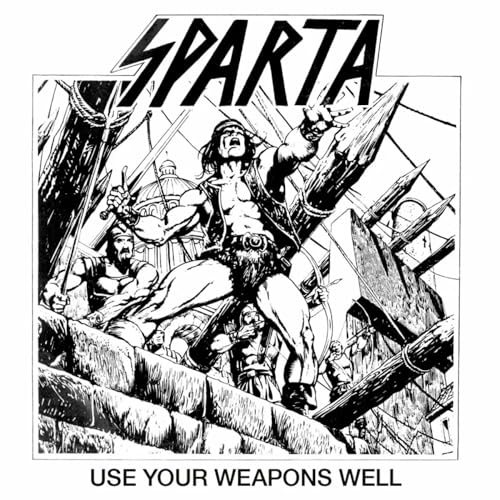 Black and white illustration of a warrior with swords, album cover.