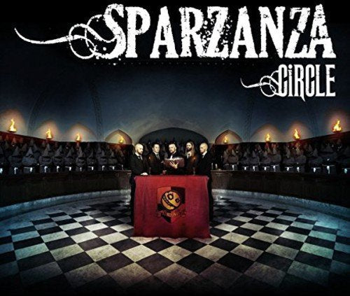 Sparzanza “Circle” CD cover: band at a table in a checkerboard circus.