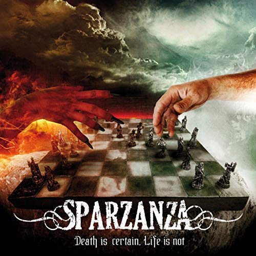 Chess pieces on a tilting board, hand reaching, fiery and cloudy background.