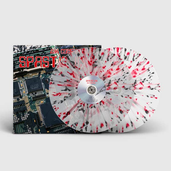 Spastic Ink vinyl record with red and black splatter on a clear disc.