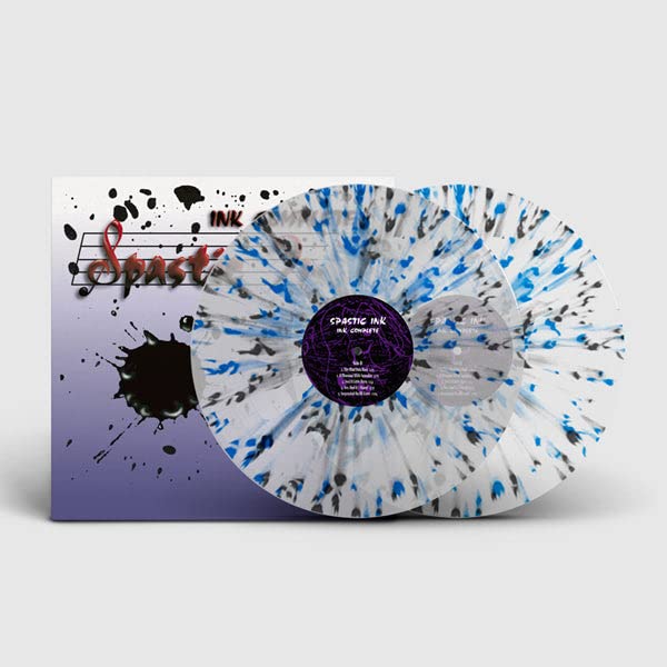 Splatter vinyl record with black and aqua markings, centered label visible.