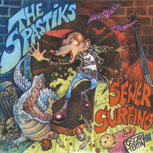 Cartoon mouse with mohawk surfs a sewer with alligator and bats.