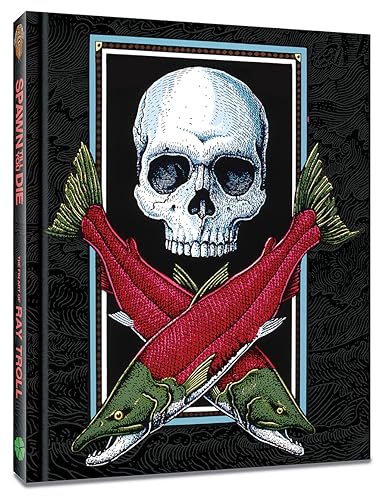 Book cover with skull above crossed red salmon on black background.