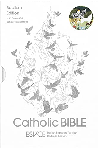Catholic Bible cover with dove and flame artwork, titled “Baptism Edition.”
