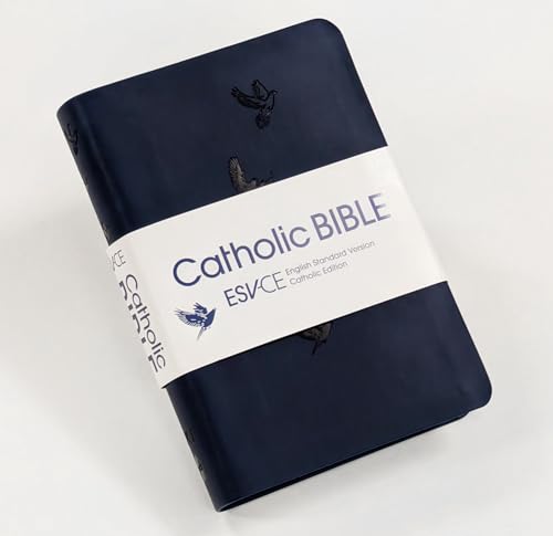 Navy blue Catholic Bible with a white band and dove imagery.