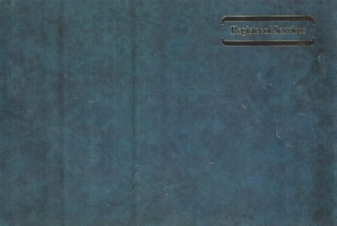 Dark teal register cover with gold embossed title, “Register of Services.”