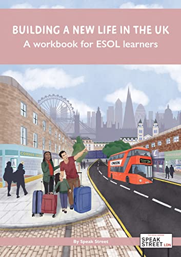Workbook cover depicting a family arriving in London, UK, with city skyline.