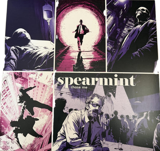 Collage album cover for Spearmint’s “Chase Me” featuring figures in motion.