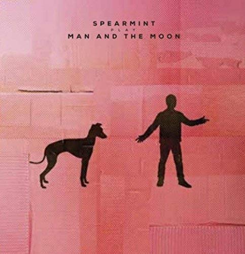"Pink vinyl record cover with silhouettes of a man and dog against a pink background."