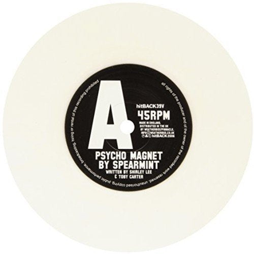 White vinyl record with a black label and white text on a white background.