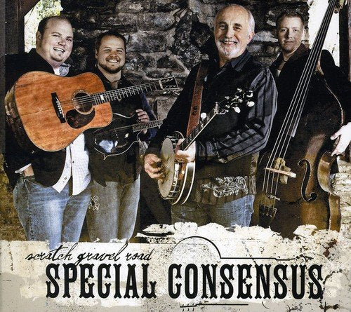 Four musicians with banjo, guitar, and bass pose in front of a stone wall.