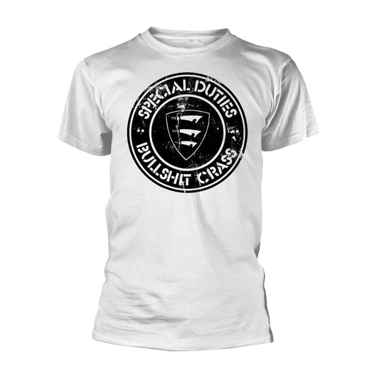 White t-shirt with a circular black and white graphic featuring a shield.