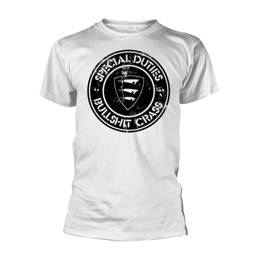 White t-shirt with a circular black and white graphic featuring a shield.