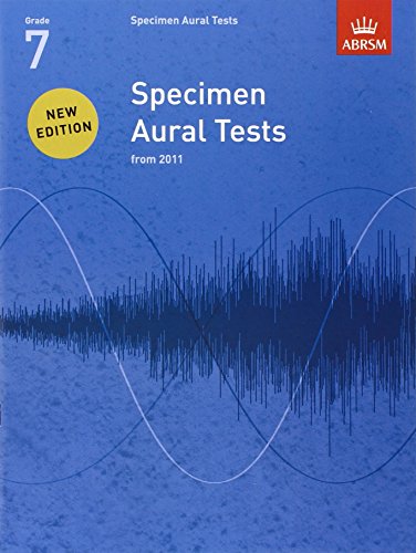 Blue ABRSM Specimen Aural Tests Grade 7 book cover with sound wave graphic.