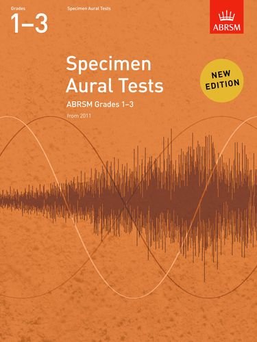 Orange book cover for ABRSM Specimen Aural Tests Grades 1-3 with sound wave graphic.