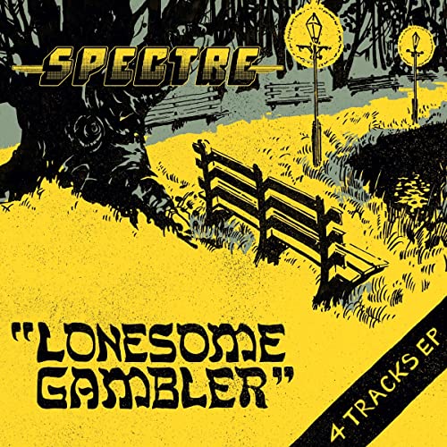 Black and yellow illustration of a park bench under a tree with street lamps.