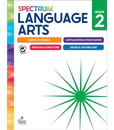 Spectrum Language Arts Grade 2 workbook cover with colorful geometric side border.