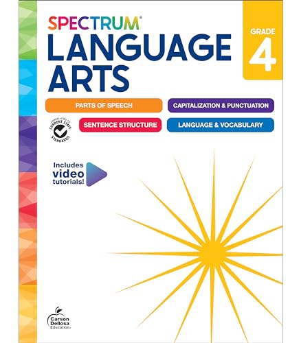 Spectrum Language Arts Grade 4 workbook cover with a colorful geometric spine.