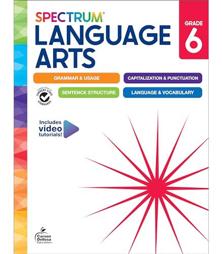Spectrum Language Arts Grade 6 workbook cover with colorful side border and starburst graphic.