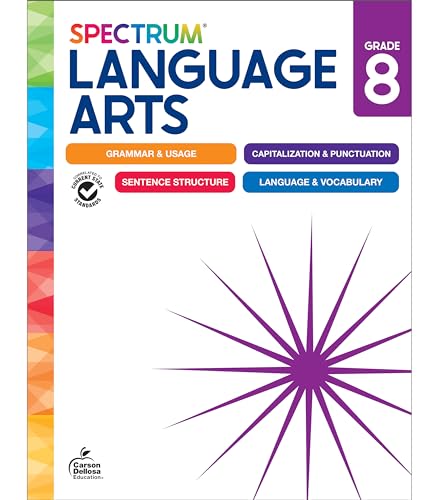Spectrum Language Arts workbook for 8th grade, colorful cover design.
