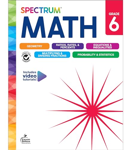Workbook with math problems, grade 6, colorful cover, 6th grade math exercises inside pages.