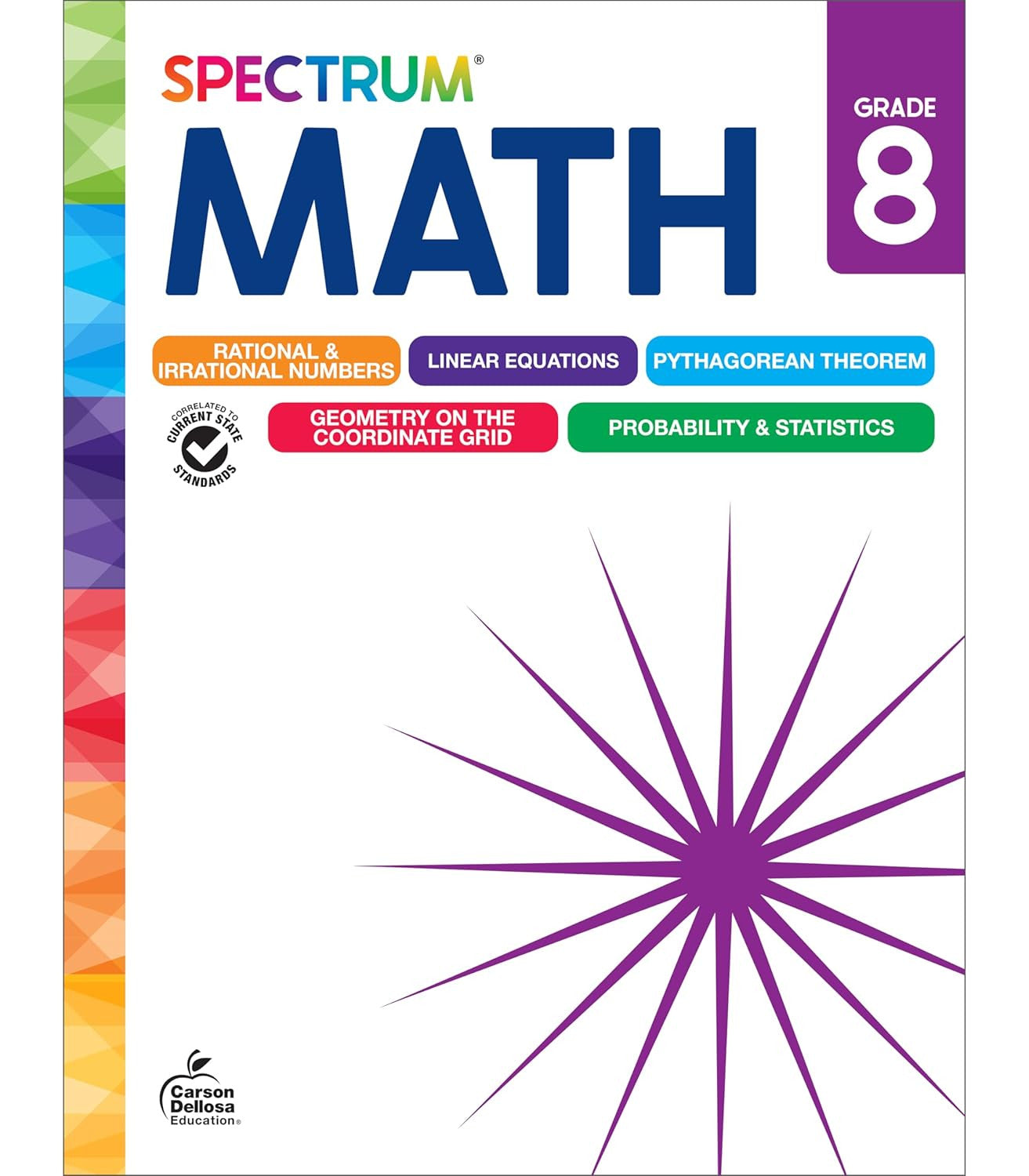 Spectrum Math workbook, Grade 8, colorful cover with geometric design.