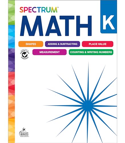 Spectrum Math workbook for Kindergarten, white cover with blue starburst.