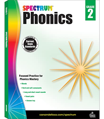 Spectrum Phonics Grade 2 workbook cover with a rainbow spine and starburst graphic.