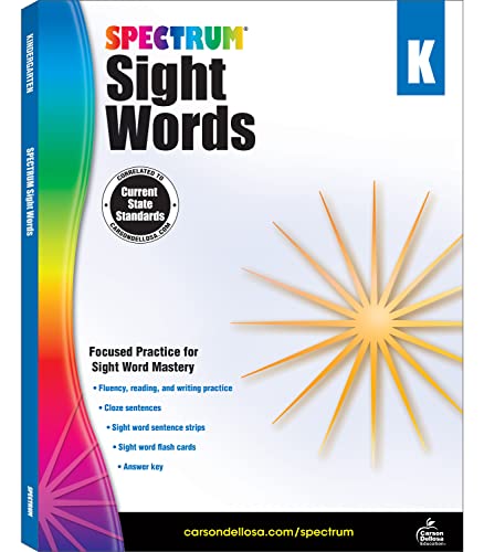 Spectrum Sight Words Kindergarten workbook cover, rainbow design, yellow starburst.