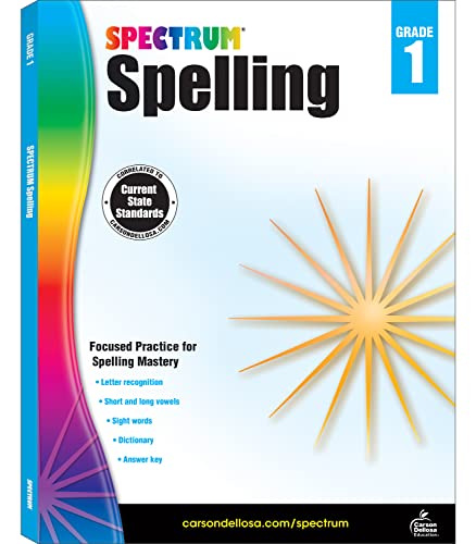 Spectrum Spelling Grade 1 workbook with rainbow spine and starburst graphic.