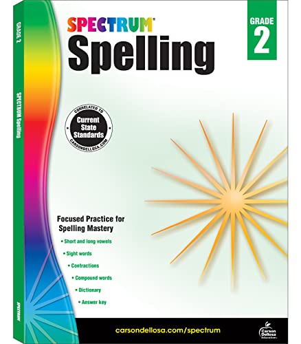 Spectrum Spelling Grade 2 workbook cover with colorful rainbow and sunburst.
